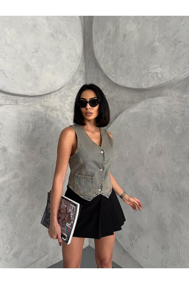 DÜĞMELİ V YAKA KAHVE TİNT DENIM YELEK - 1