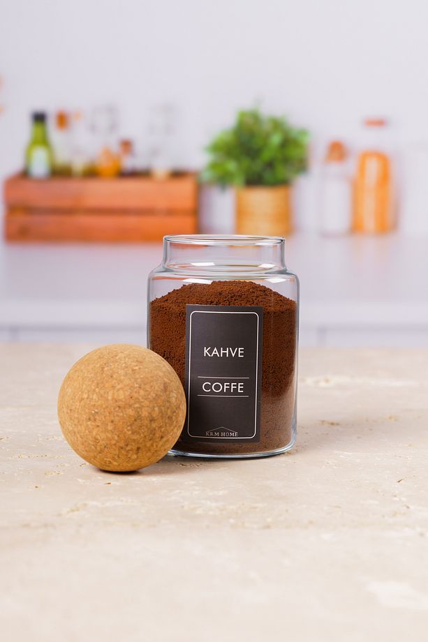 3 Adet 800 ml Çay, Kahve Ve Şeker Cam Kavanoz Seti - Top Mantar Kapaklı Siyah Etiketli - 2