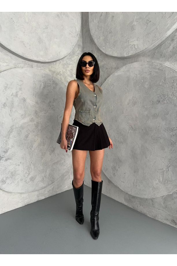 DÜĞMELİ V YAKA KAHVE TİNT DENIM YELEK - 4