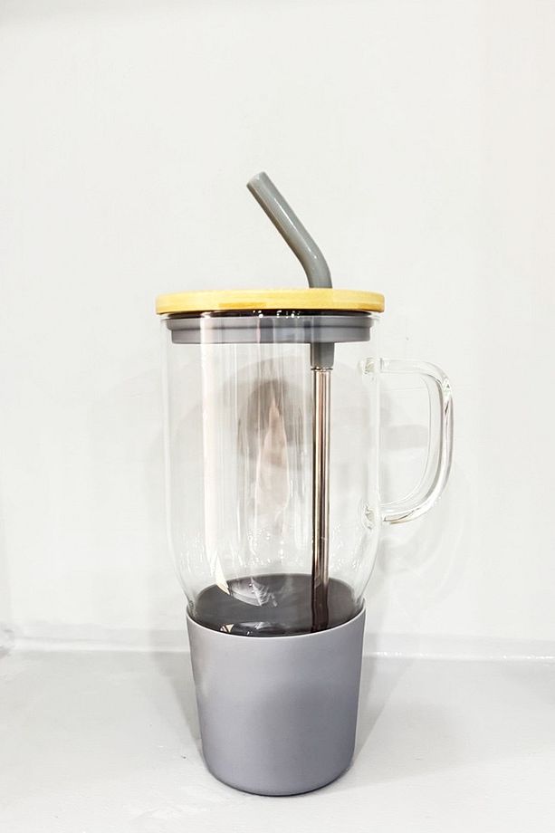 Bambu Kapaklı Çelik Pipetli Renkli Big Mug Büyük  Boy Cam Kupa Bardak Cam Termos 1000 Ml - 3