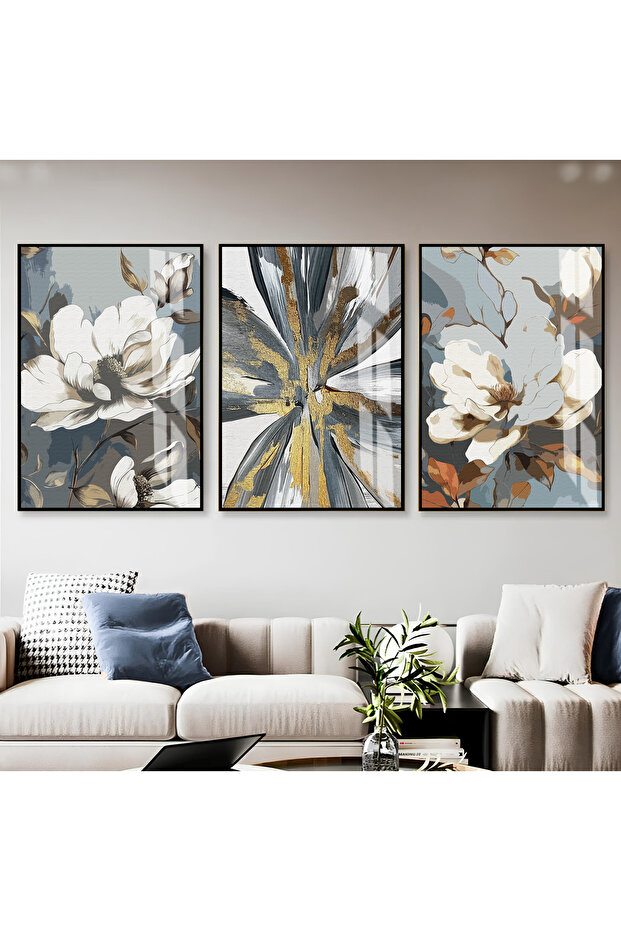 Hari̇kabi̇rev | Soft Gold-White-Gray Flower Patterned Combination | Framed Glass Table 3 Pieces Vertical