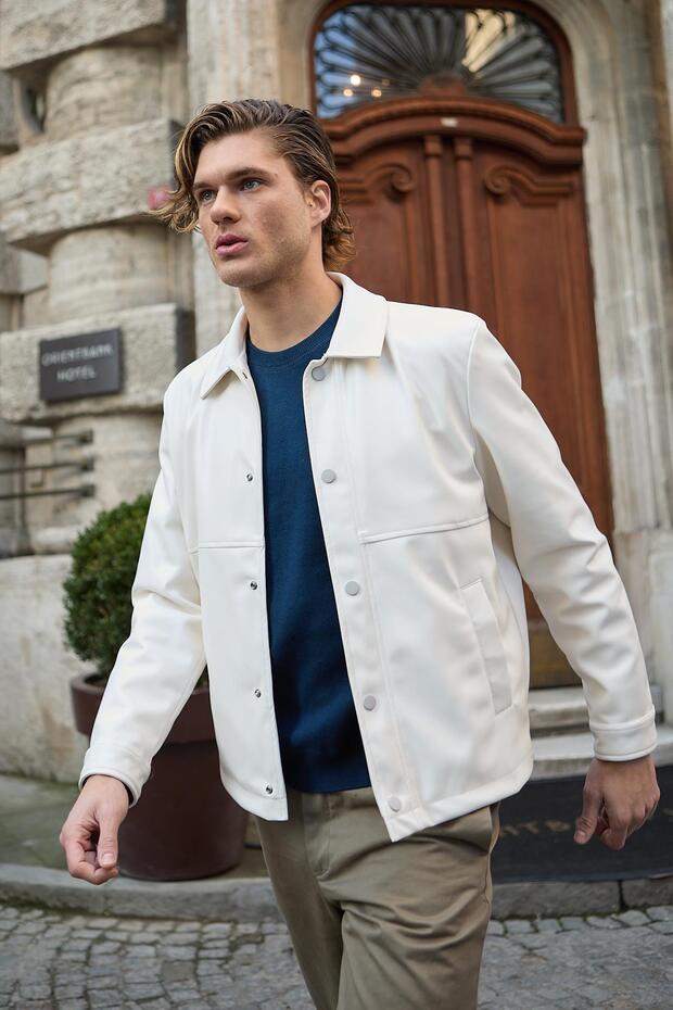 Men's Shirt Collar Leather Stone Jacket