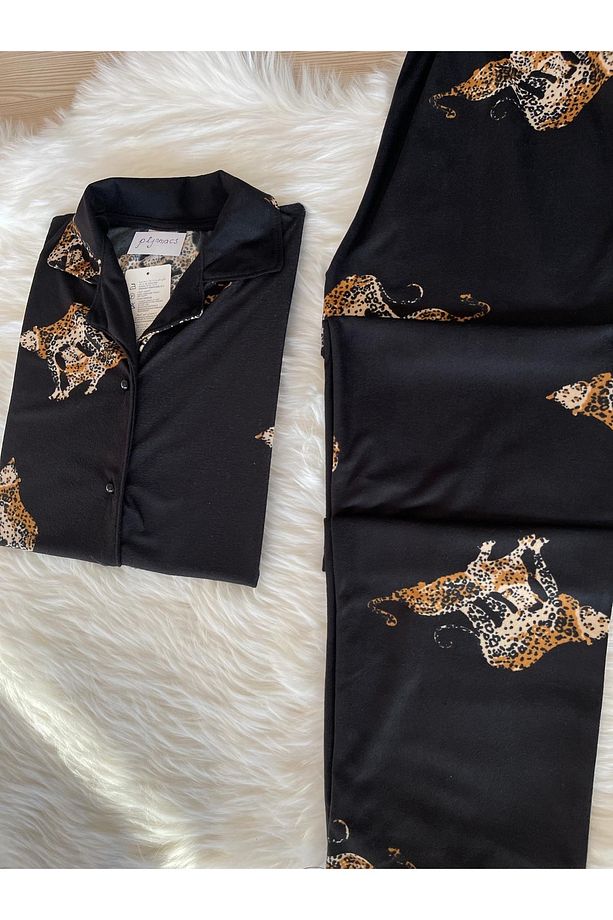 Leopar Desenli Uzun Kol Süet Pijama Takımı - 4