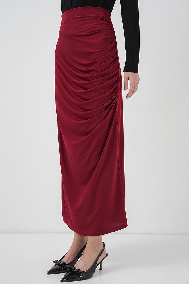 8035 Büzgülü Midi Etek - Bordo - 4
