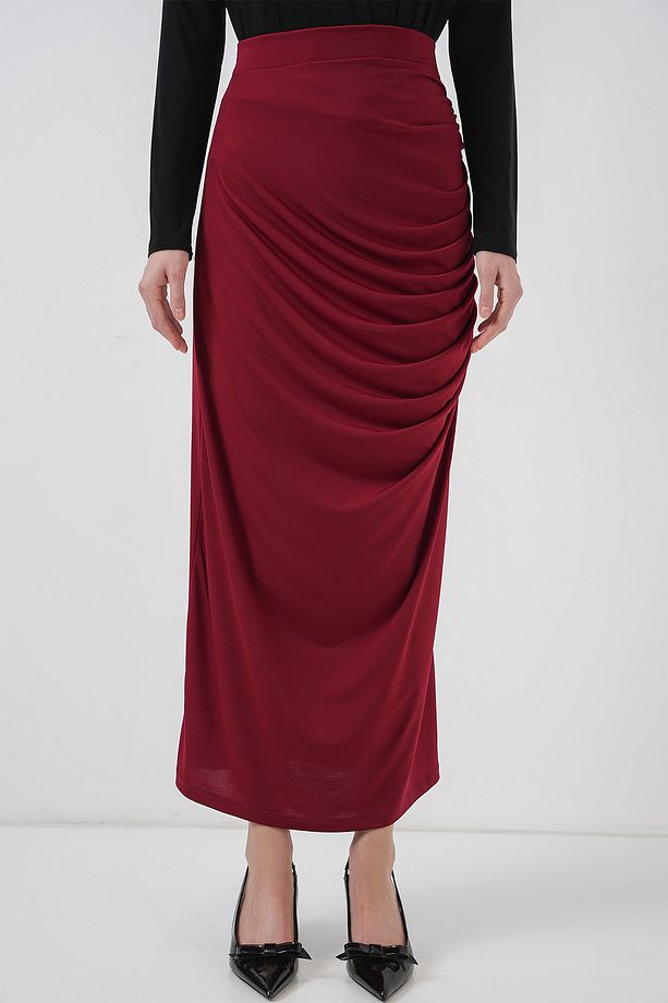 8035 Büzgülü Midi Etek - Bordo - 2