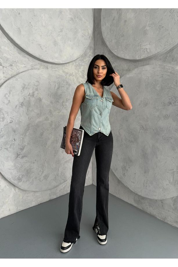DÜĞMELİ V YAKA TİNT DENIM YELEK - 6
