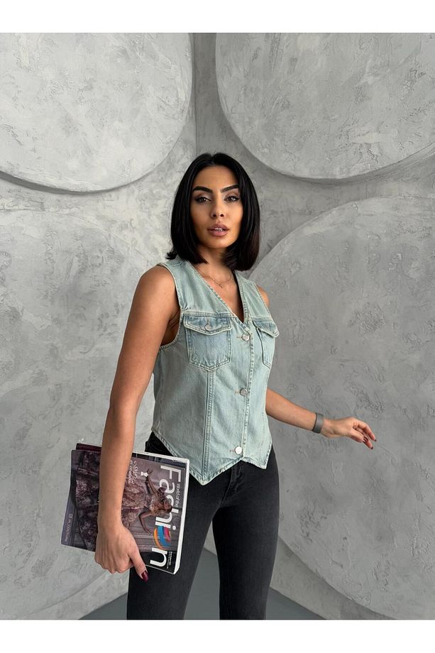 DÜĞMELİ V YAKA TİNT DENIM YELEK - 3
