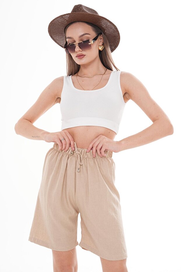Women's Rope Detailed Sofia Linen Shorts 250007 -
