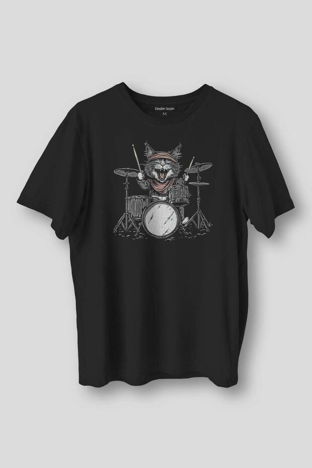 Unisex T-Shirt Drummer Cat Cat Drummer Music Music Drum Cute Printed Black T-Shirt