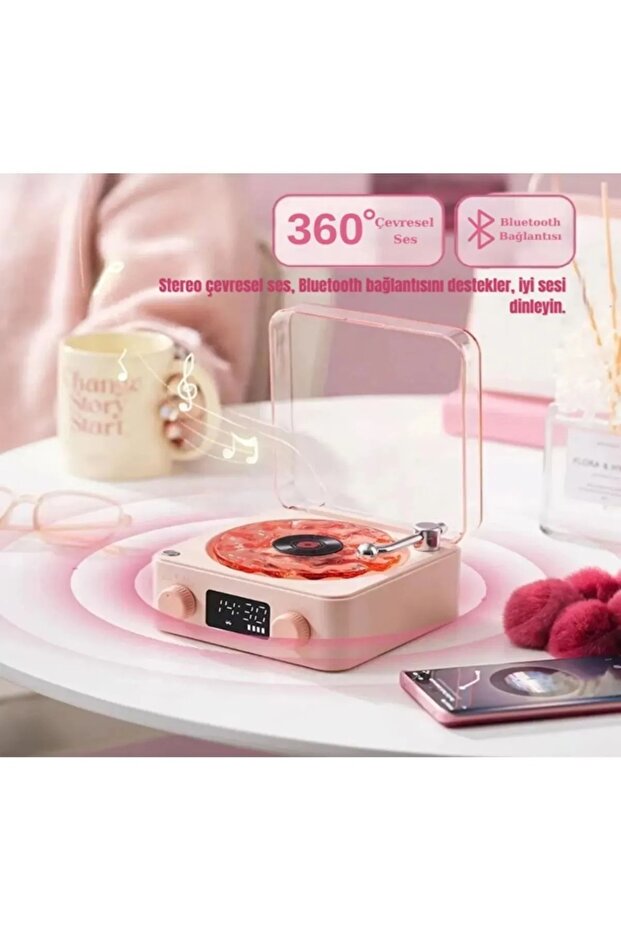 Waves Nostalji Plak Görünümlü Bluetooth Hoparlör 3D Ses Dalgası Retro Müzik Plak - 5