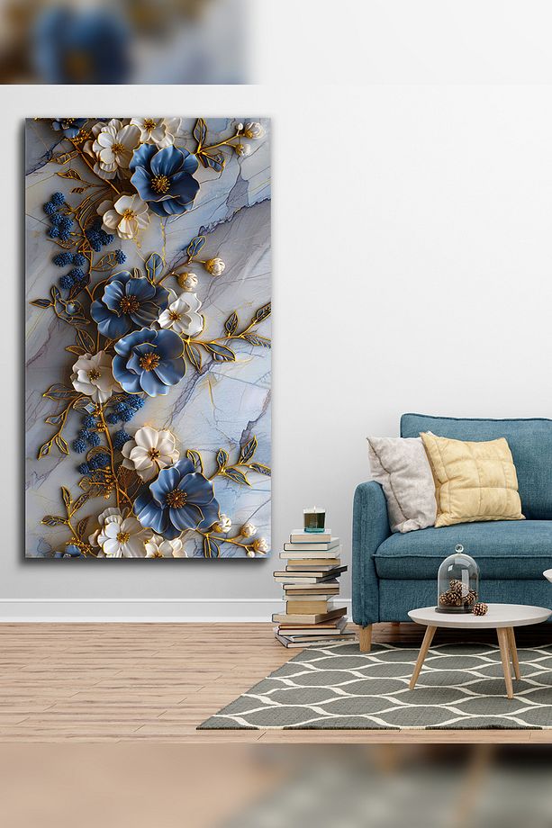Mavi Beyaz Çiçekler Tek Parça Kanvas - Canvas Tablo - 3