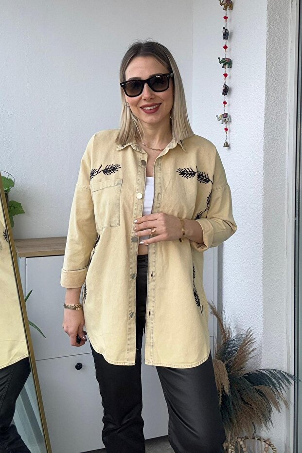 Oversize Başak Nakış Desen Taş Gabardin Gömlek - 3