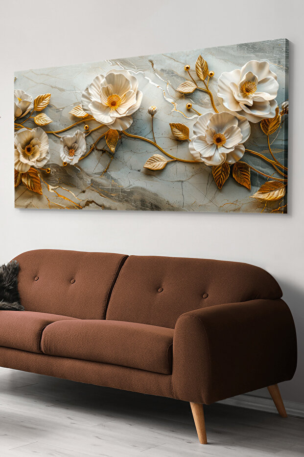 Gold Yapraklı Beyaz Çiçekler Tek Parça Kanvas - Canvas Tablo - 2
