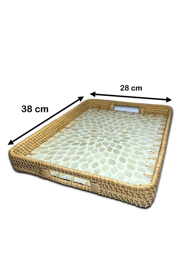 White Design Sedef Kaplama Rattan Dikdörtgen Tepsi - 3