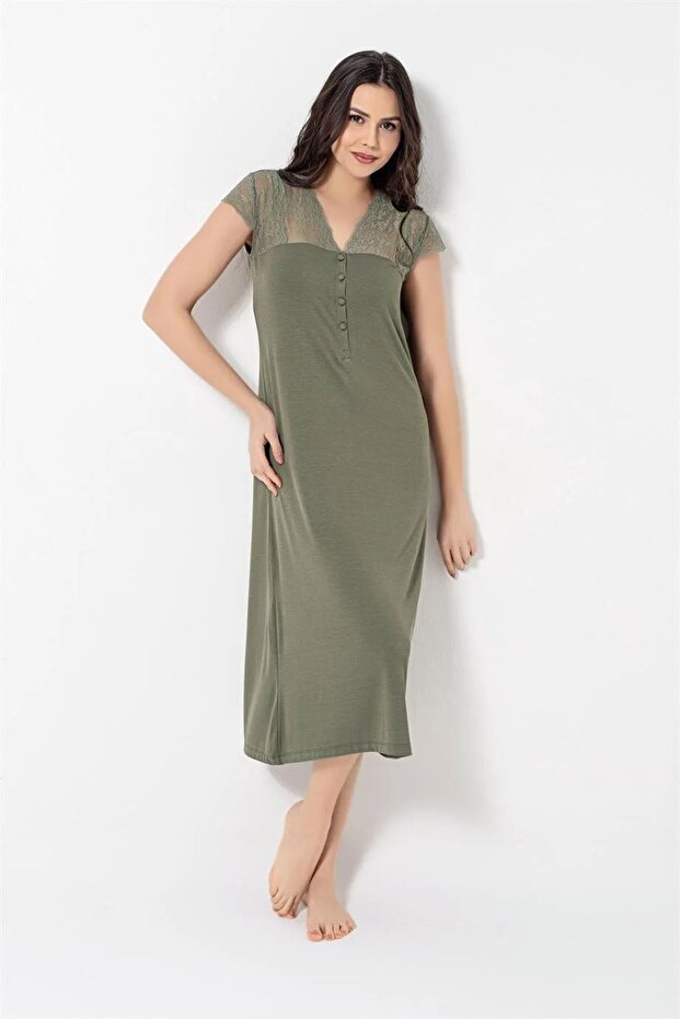 Monamise 18487 Women's Short Sleeve Embroidery Lace Nightgown-khaki