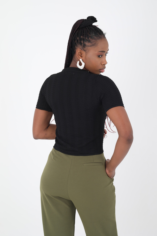 Short Sleeve Openwork Blouse - 5