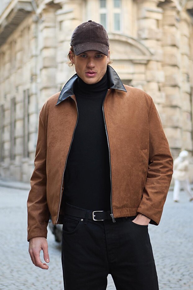 Men's Leather Detailed Suede Tan Jacket Coat