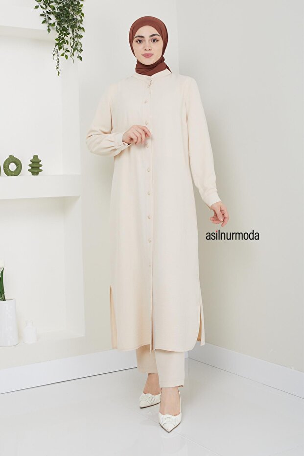 مجموعة Sena Ayrobin المزدوجة باللون البيج مع أزرار - 1