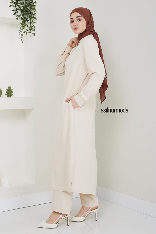 مجموعة Sena Ayrobin المزدوجة باللون البيج مع أزرار - 3