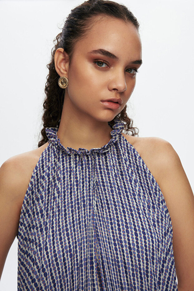 Crocus Halter Yaka Piliseli Desenli Bluz - 2