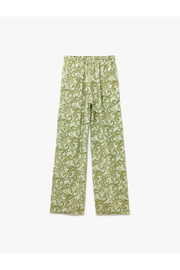 Viskon Beli Bağcıklı Desenli Düz Paça Pantolon - 2