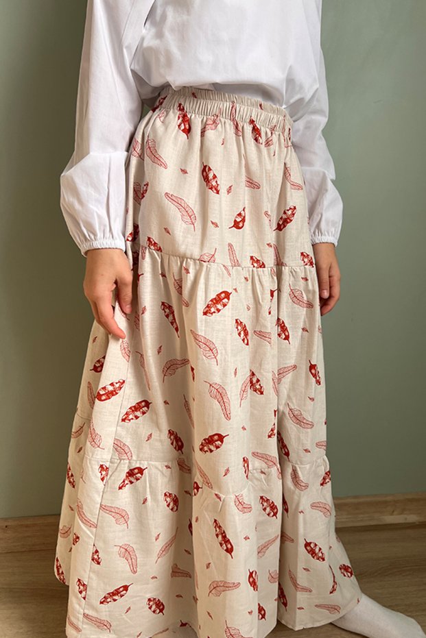 Girl's 100% Cotton Cream Color Printed Linen Long Skirt