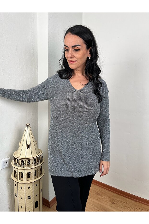 SİMLİ V YAKA TRİKO BLUZ - 3