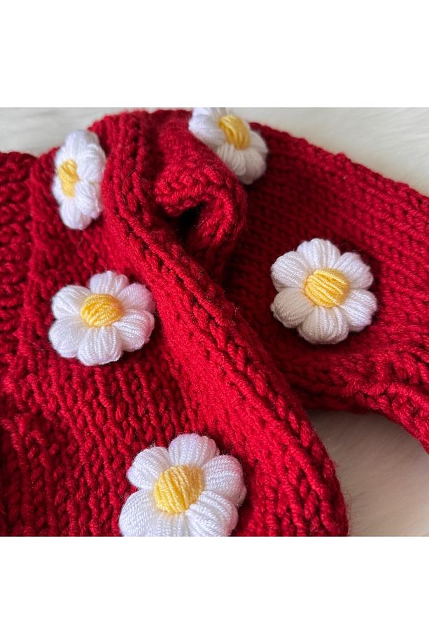 Çiçek Motifli El Örgüsü Bebek, Çocuk Hırka Ceket - 4