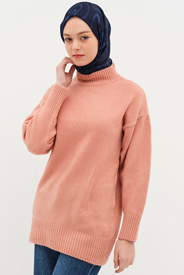 Sıfır Yaka Triko Tunik - Gül Kurusu - 2