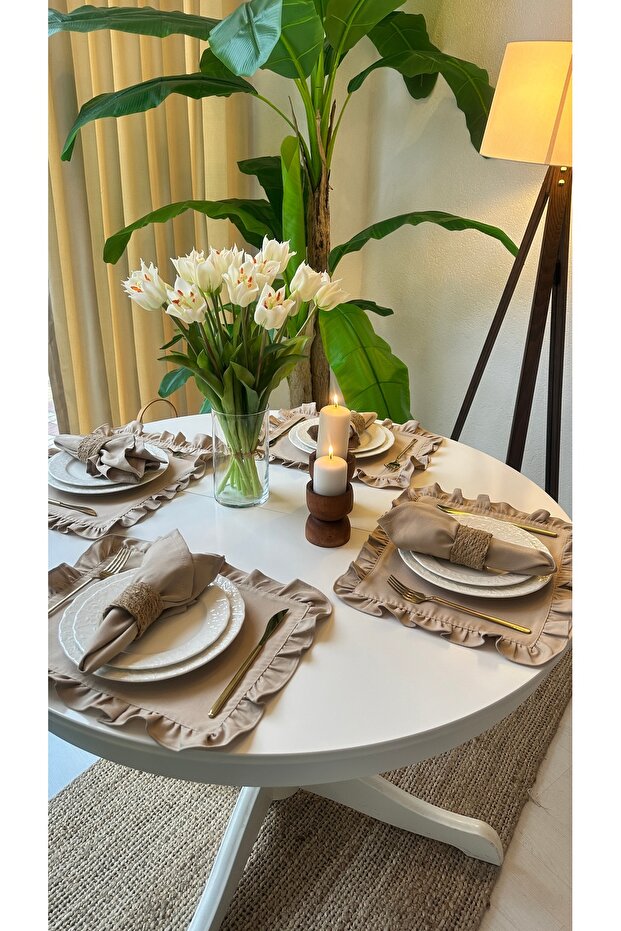 Aura Linen Stain-Resistant Beige Ruffled American Placemat Set of 4 (Napkins Not Included)