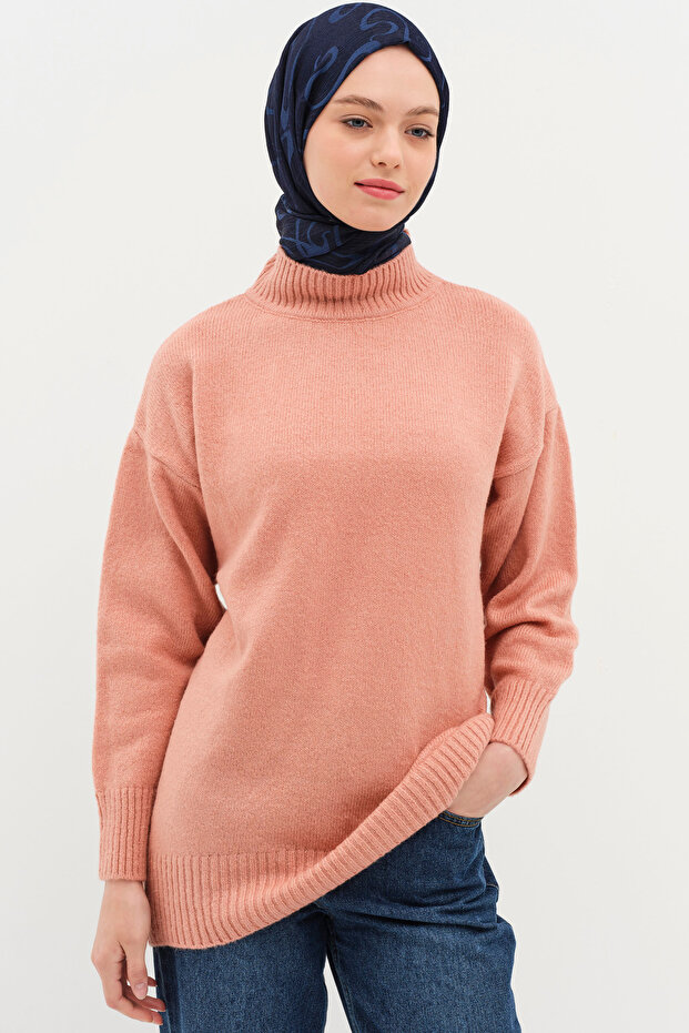 Sıfır Yaka Triko Tunik - Gül Kurusu - 1