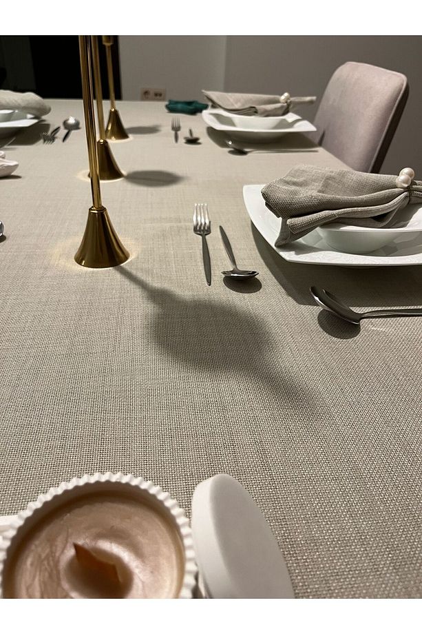 Polyester Keten Linen Dertsiz Masa Örtüsü Taş Rengi + 6 Peçete - 8