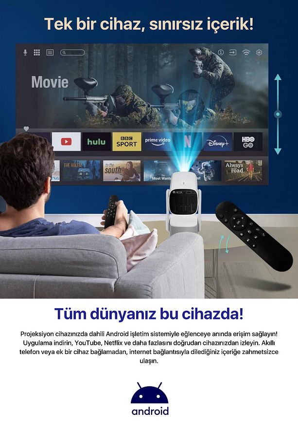 Powerbankli Kompakt Taşınabilir Projeksiyon 4K/1080P Dahili Android, WiFi, Bluetooth RGB Led - 7