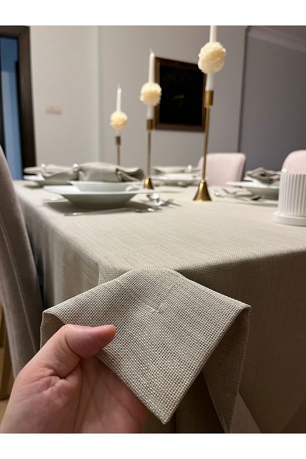 Polyester Keten Linen Dertsiz Masa Örtüsü Taş Rengi + 6 Peçete - 1