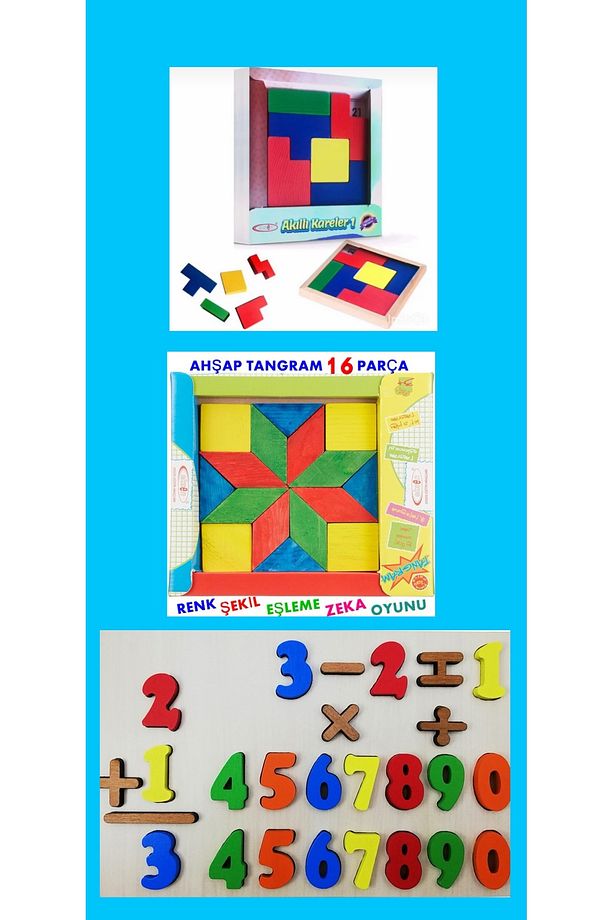 Ahşap Zeka Oyuncaklar 3'lü Set (16 LI TANGRAM-AKILLI KARELER 1- MATEMATİK AHŞAP PUZZLE) - 3