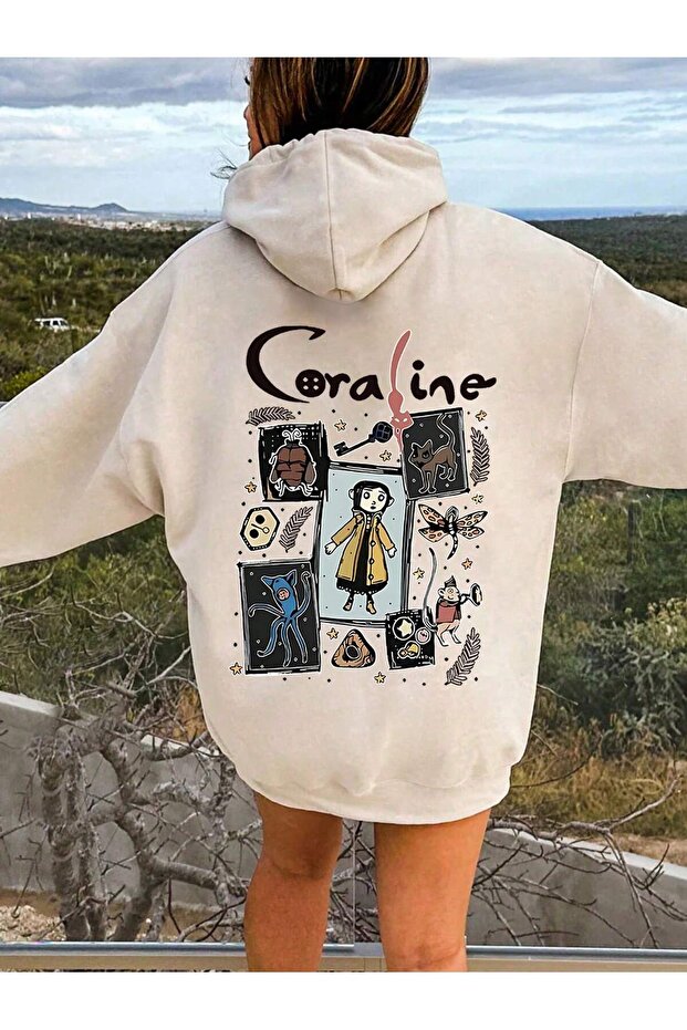 Coraline Winter Sweatshirt - Beige Printed Oversize Raster Hooded