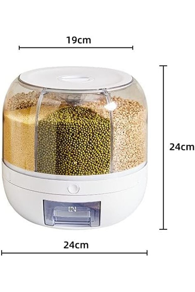 موزع طعام دوار 360 درجة بـ 6 شبكات، حاوية تخزين بنقرة واحدة للأرز والحبوب والوجبات الخفيفة - 7