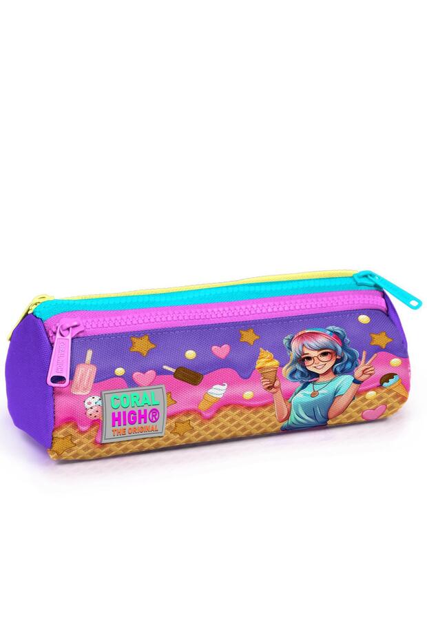 Kids Lilac Turquoise Ice Cream and Anime Pattern Three Compartment Pencil Bag 22089