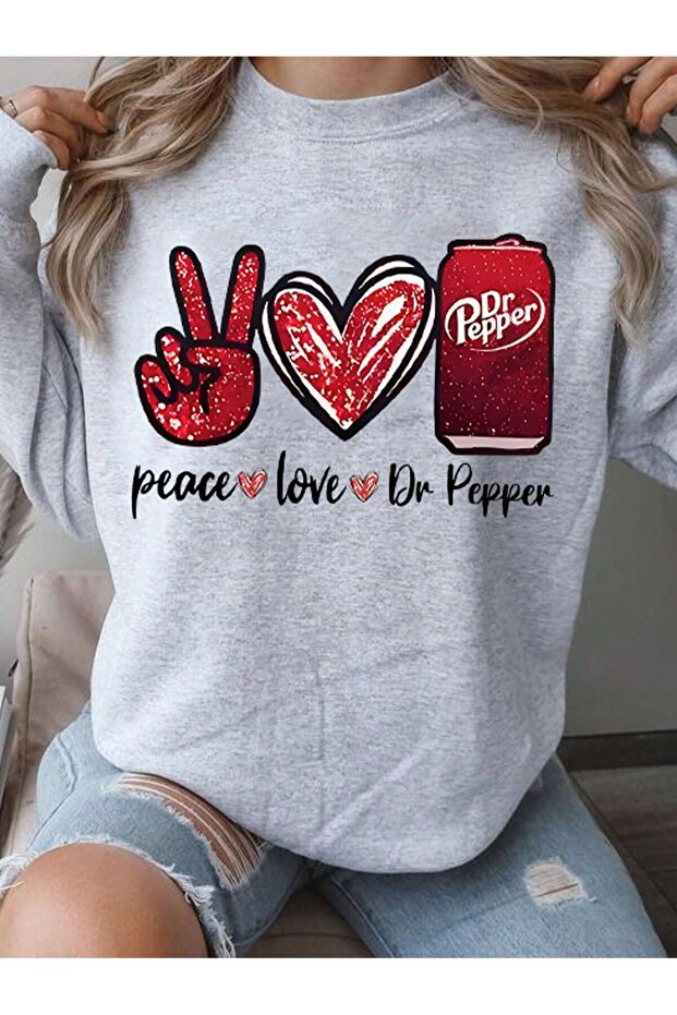 سويت شيرت شتوي مقاس كبير من Peace Love Pepper - رمادي، رقبة دائرية