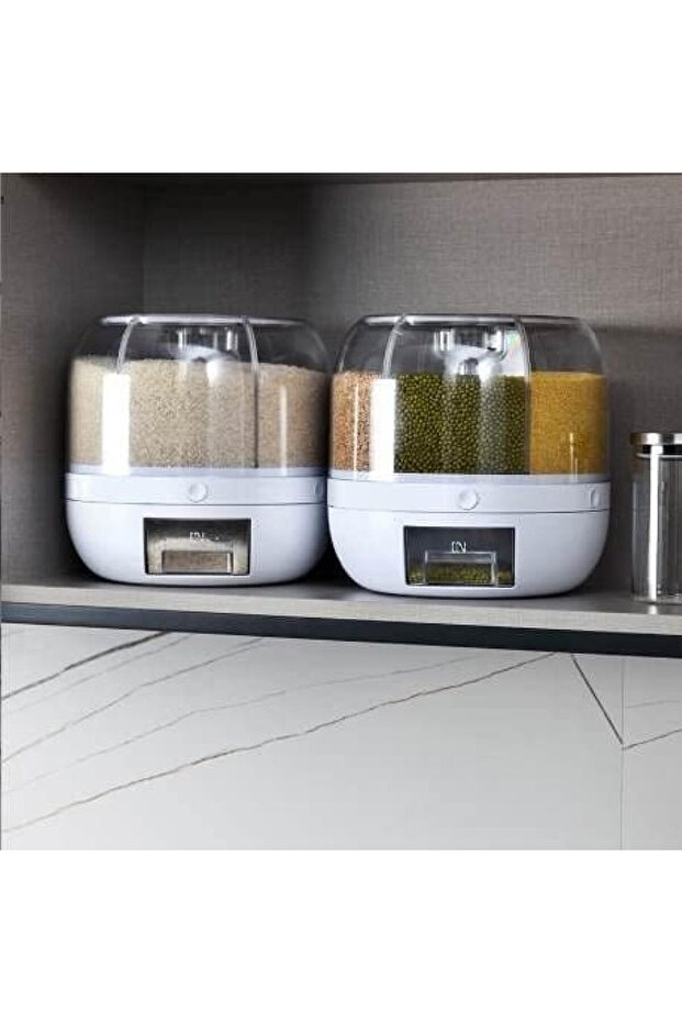 موزع طعام دوار 360 درجة بـ 6 شبكات، حاوية تخزين بنقرة واحدة للأرز والحبوب والوجبات الخفيفة - 5