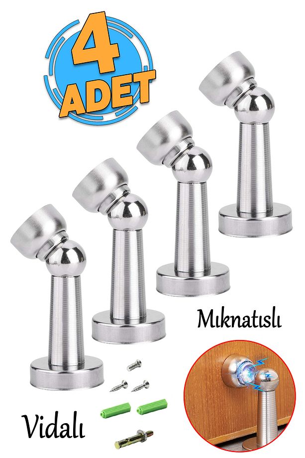 (MIKNATISLI) 4'lü Mobilya Kapı Arkası Vidalı Metal Stoperi Tamponu Krom Tutucu Tutacağı Durdurucusu - 1