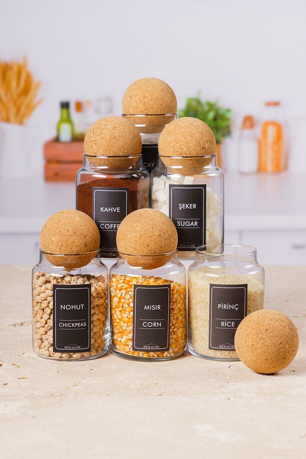 Etiketli 6'lı 800 ml Cam Erzak Kavanozu Top Mantar Kapaklı Saklama Kabı, Cam Kavanoz Erzak Etiketli - 3