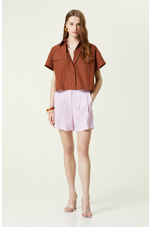 Pembe Yüksek Bel Bol Paça Şort - 1