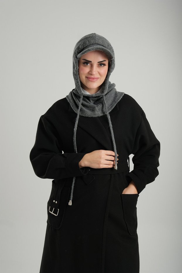 Anthracite Lace-Up Plush Loose Cap Balaklava Neck Collar Beanie Jacquard Plain 2332_25