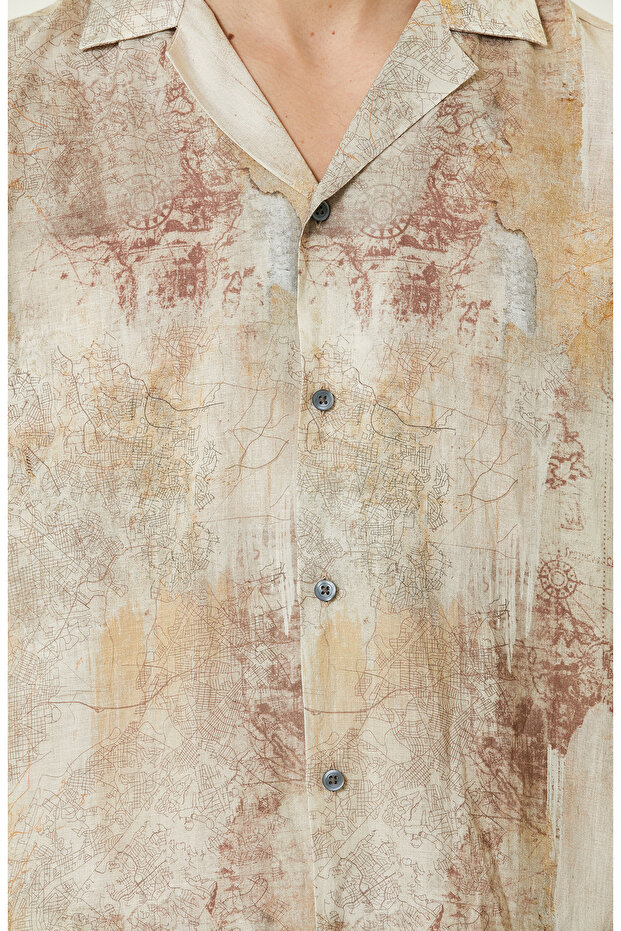 Bej Baskılı Keten Gömlek - 7