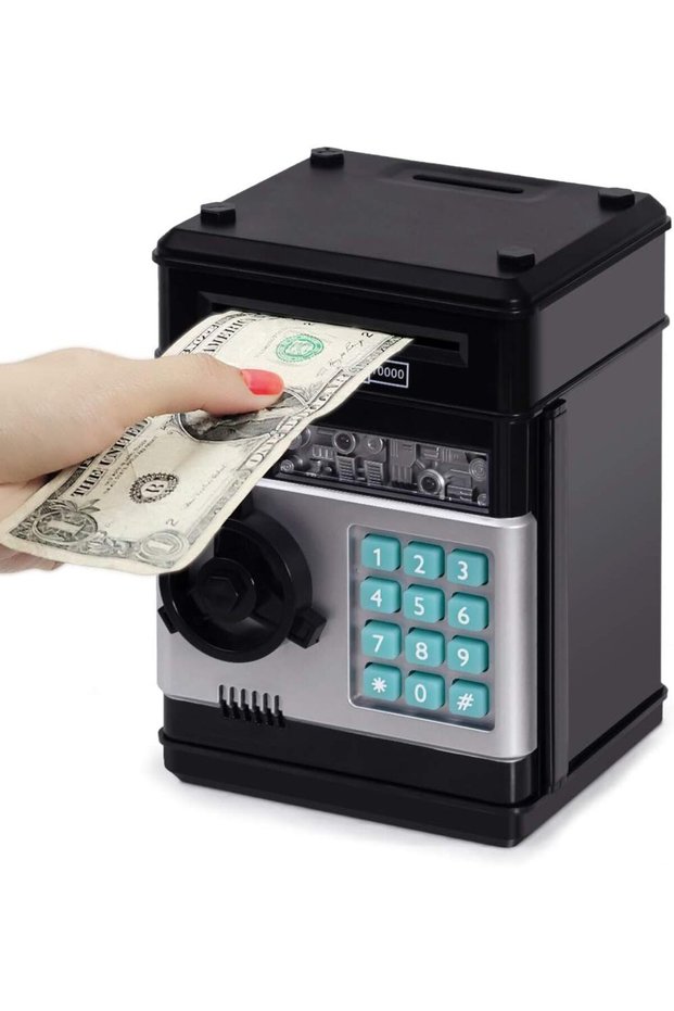 Electronic Piggy Bank – ATM Money Safe for Kids & Adults, Coin & Cash Saving Box (Black)