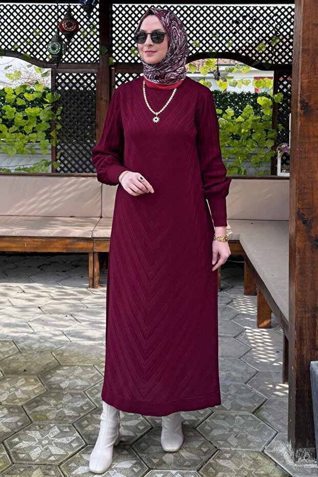 Yağmur Triko Elbise Bordo - 1