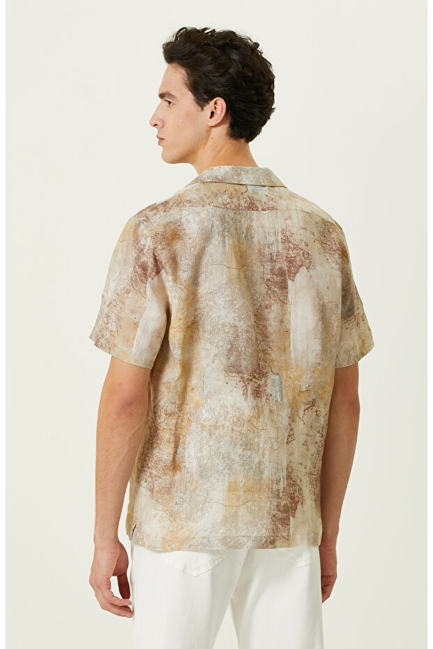 Bej Baskılı Keten Gömlek - 4