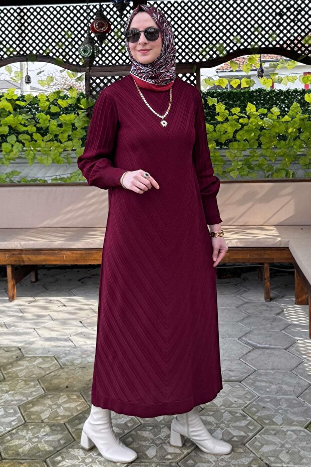Yağmur Triko Elbise Bordo - 5