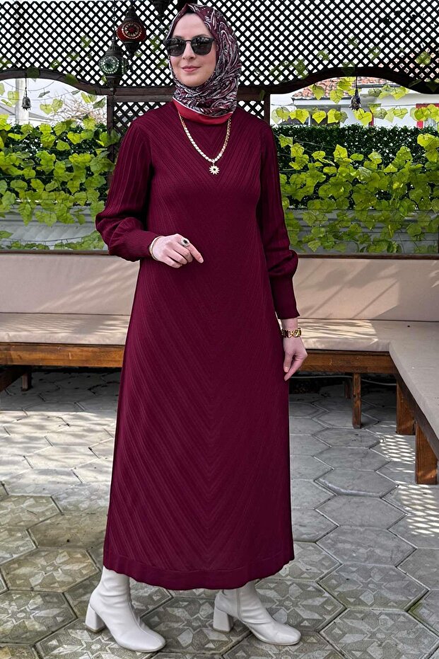 Yağmur Triko Elbise Bordo - 3
